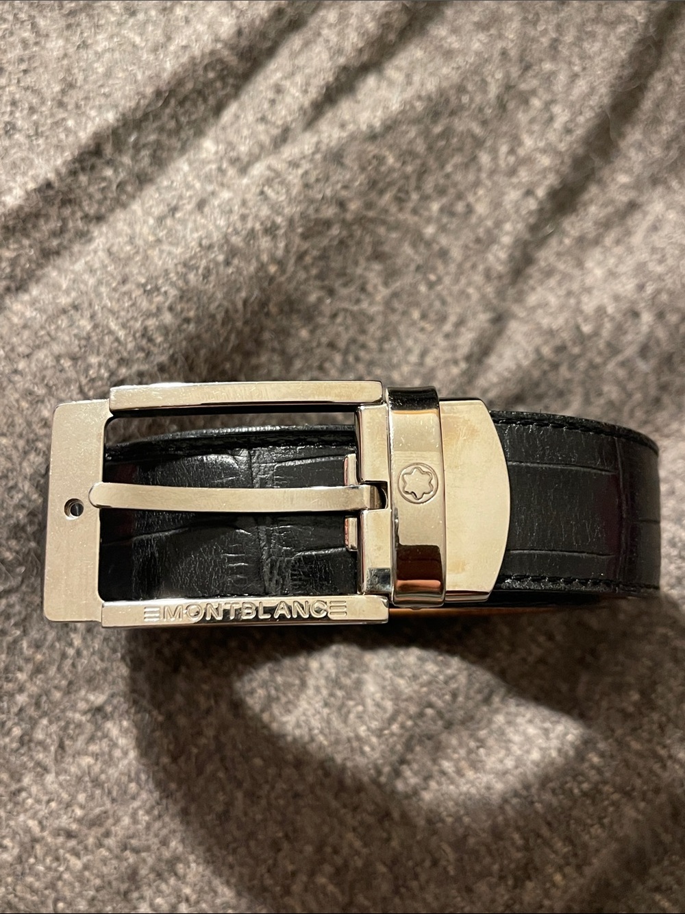 Montblanc Black Leather Belt with Polished Silver Buckle